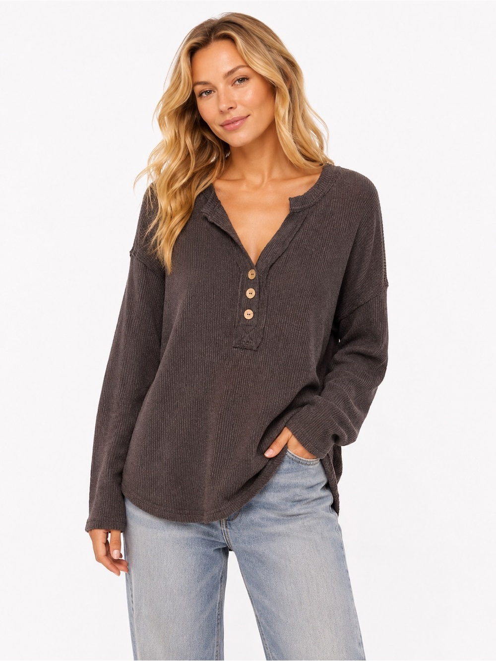 Blu Pepper Size Small Waffle Knit Henley Top in Charcoal Gray